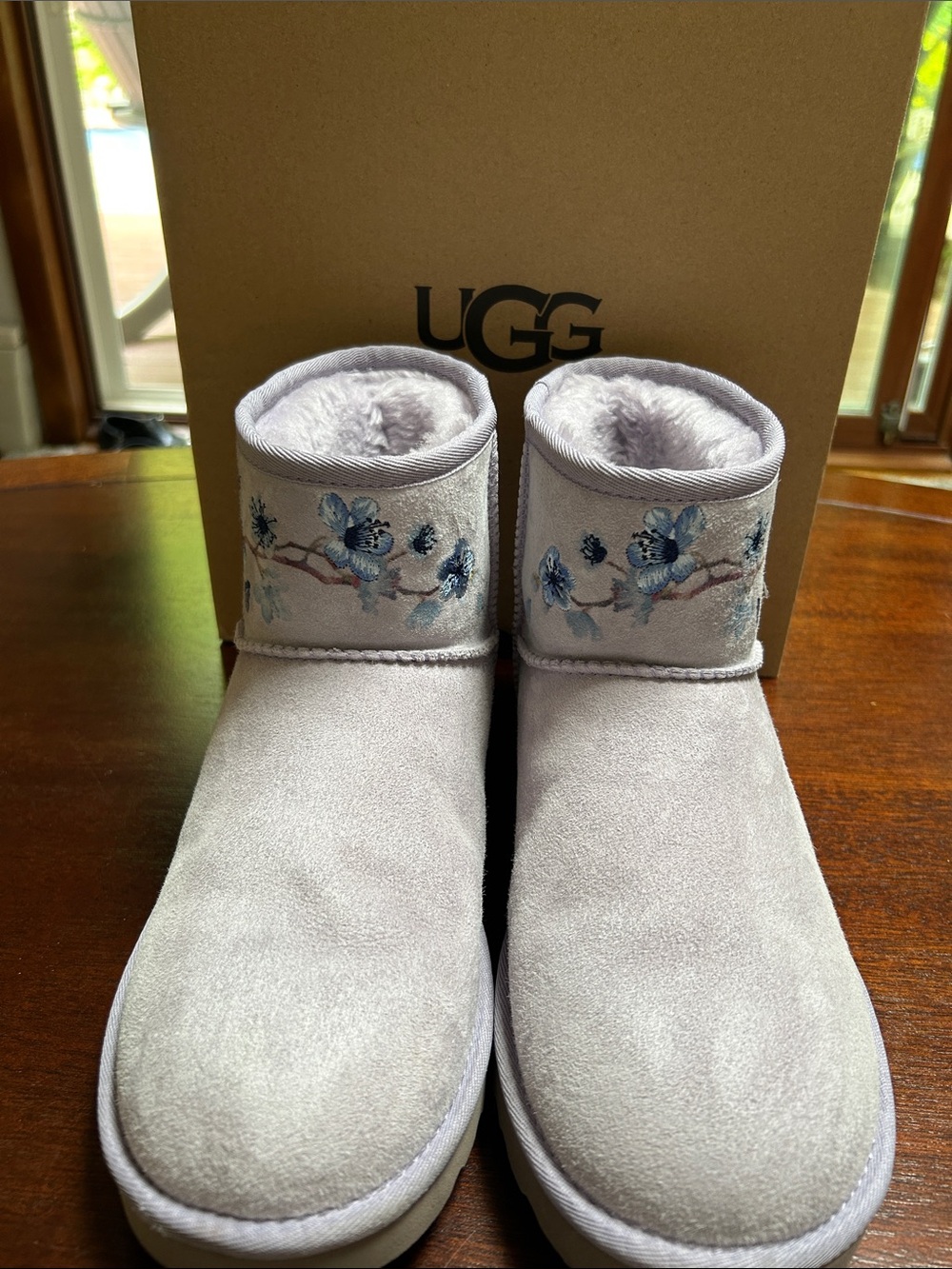 UGG Lavender Short Suede Boots with Blue Floral Embroidery